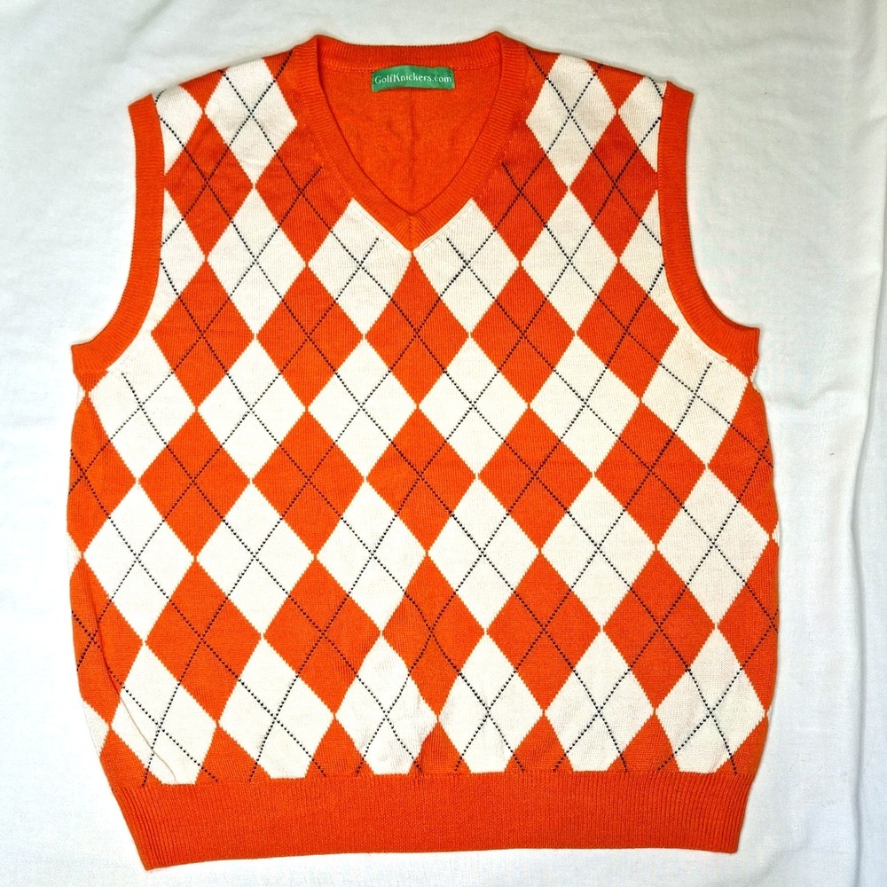 Golf Knickers Orange Argyle Wool Blend Sweater Vest Mens XL London Classic Money